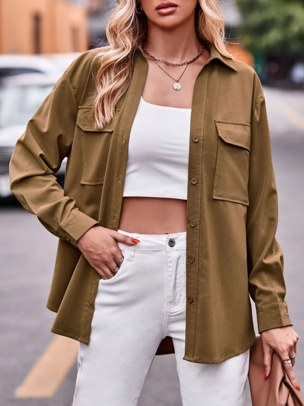 Camisa Casual de Manga Larga Sólida con Doble Bolsillo