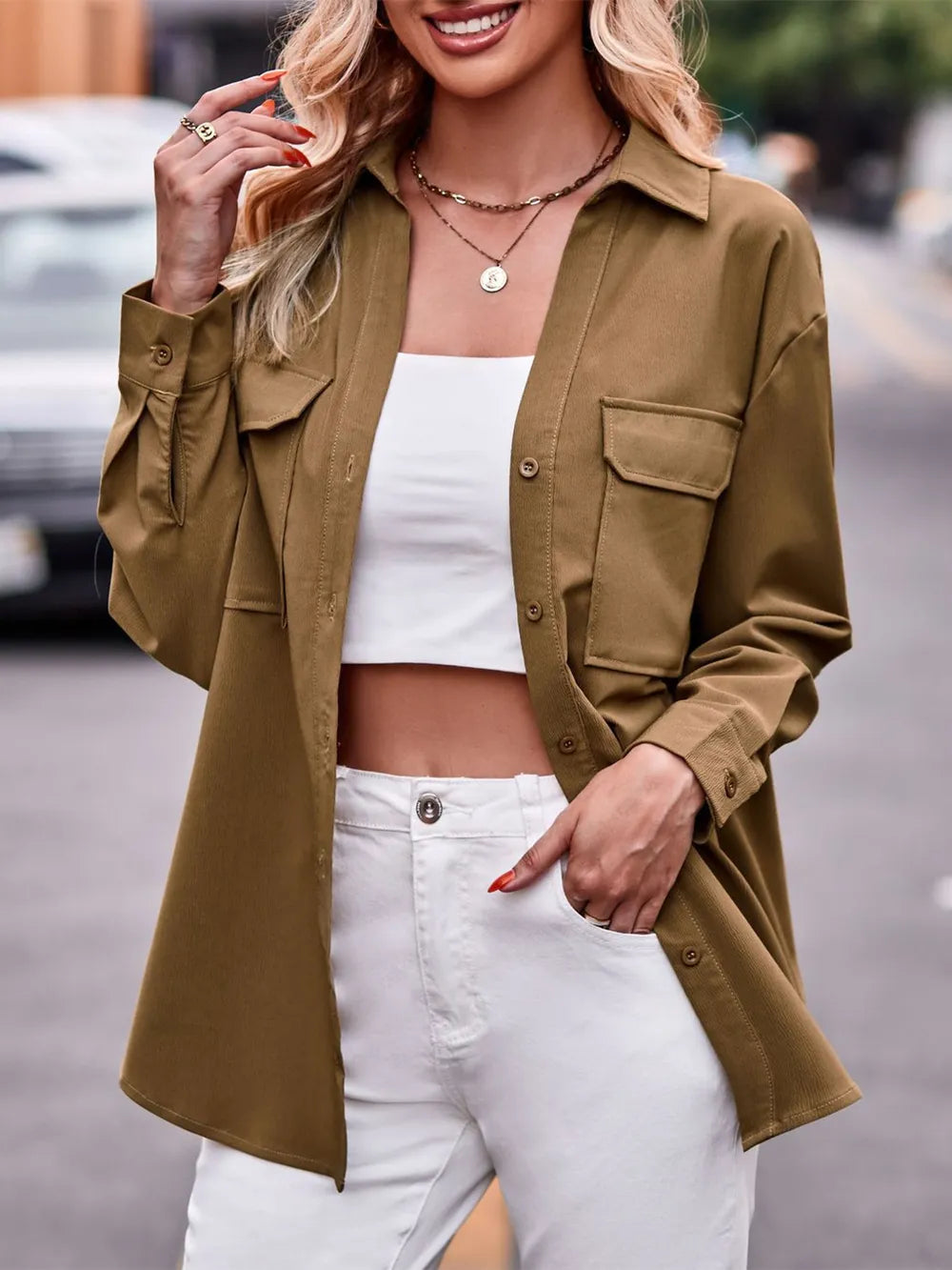 Camisa Casual de Manga Larga Sólida con Doble Bolsillo