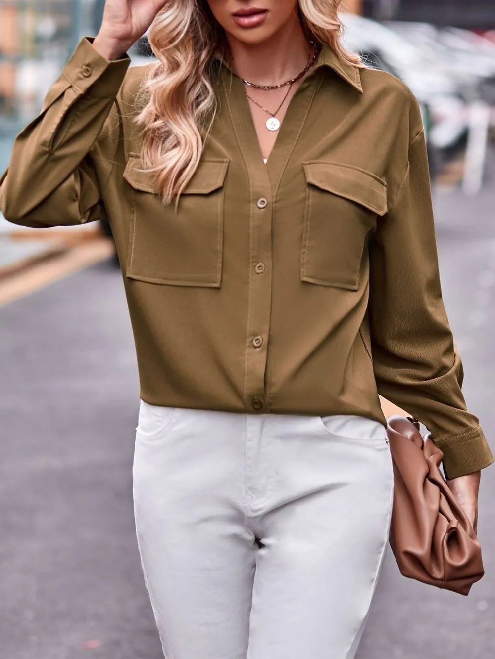 Camisa Casual de Manga Larga Sólida con Doble Bolsillo