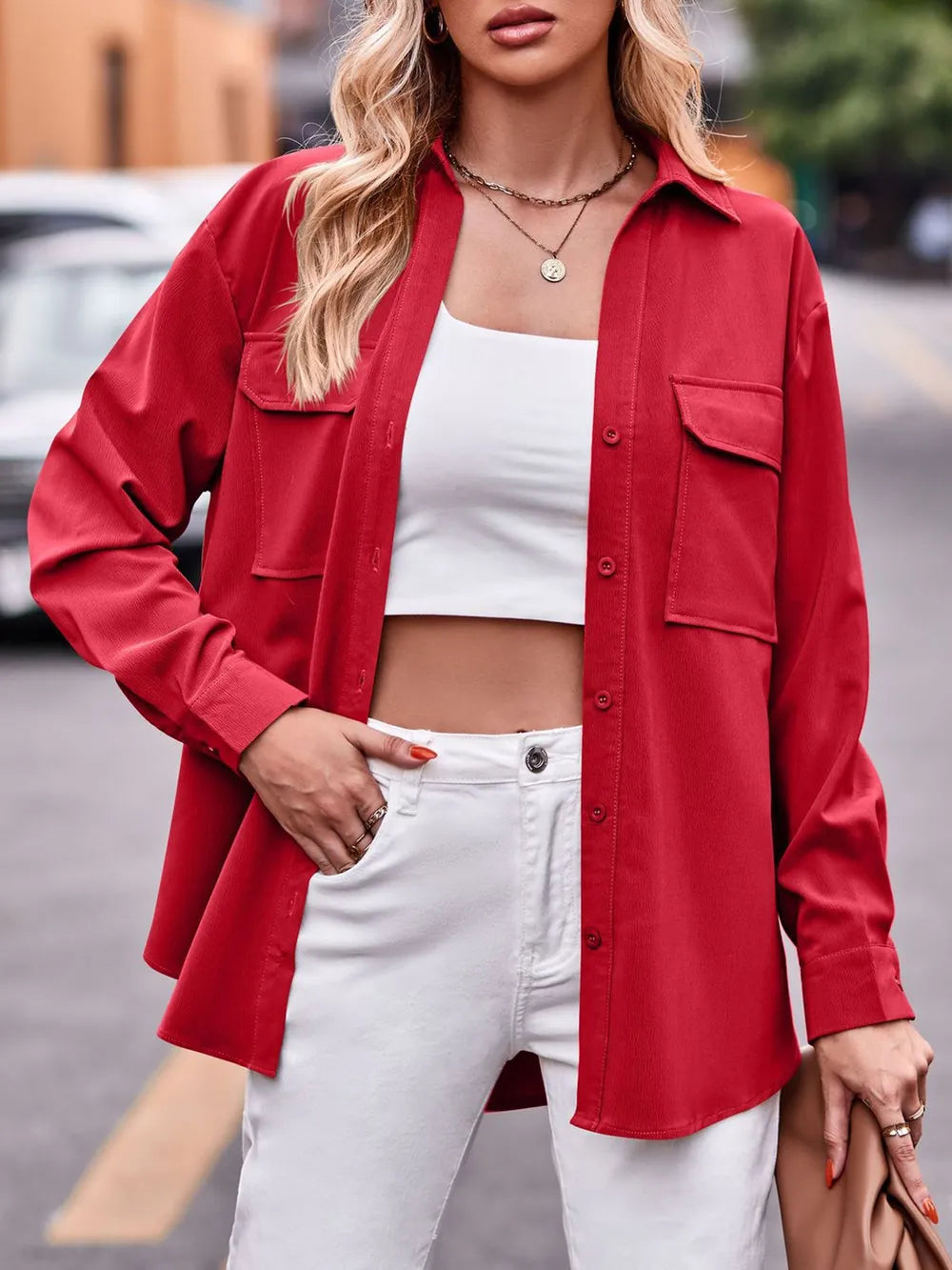 Camisa Casual de Manga Larga Sólida con Doble Bolsillo