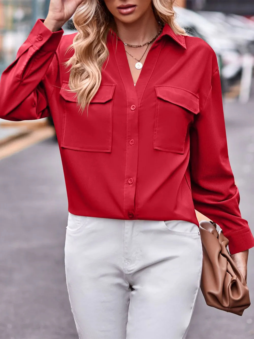 Camisa Casual de Manga Larga Sólida con Doble Bolsillo