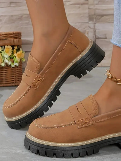 Casual sandblasted British style women's shoes with thick heels and retro design - Korvel