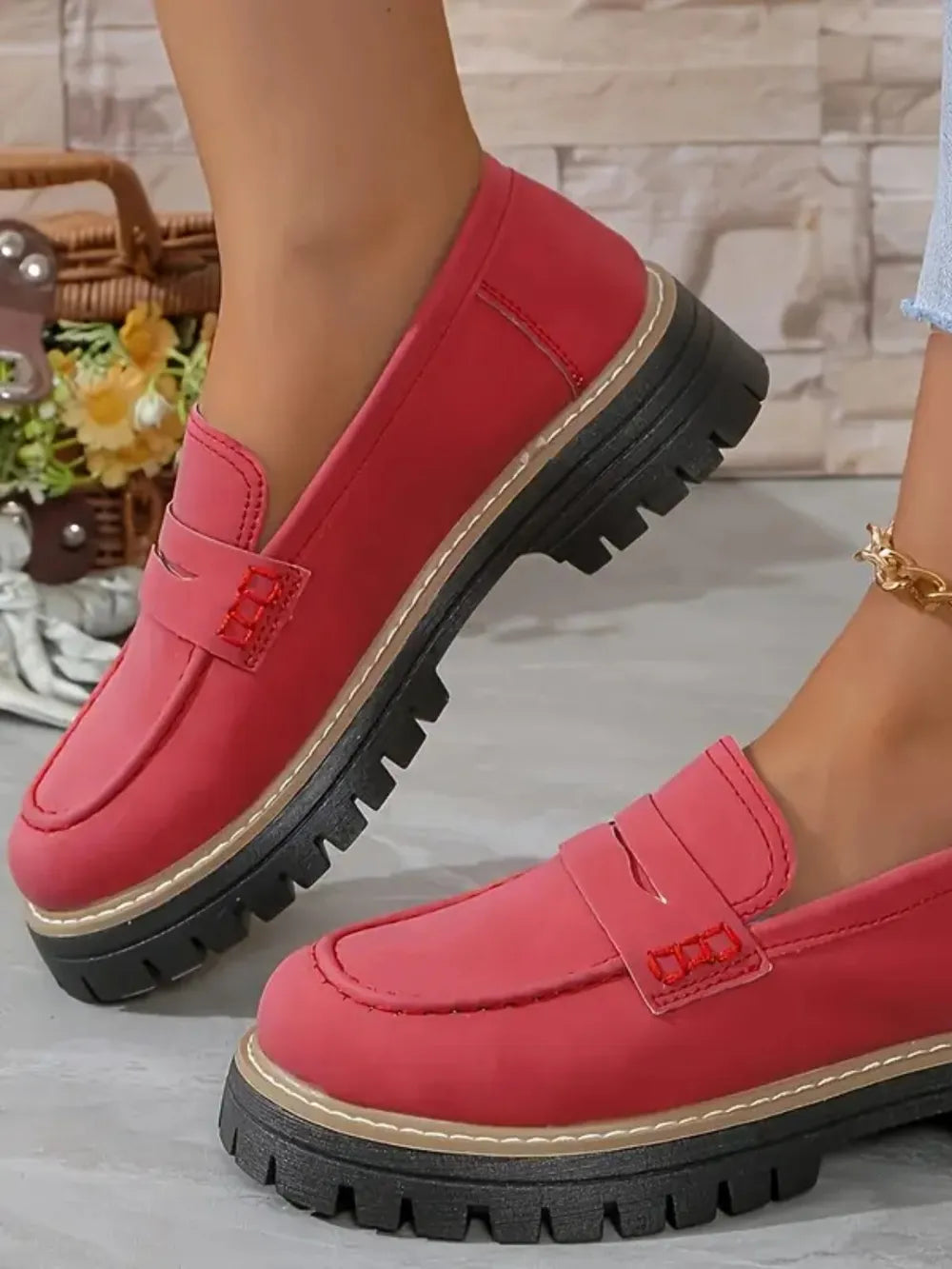 Casual sandblasted British style women's shoes with thick heels and retro design - Korvel