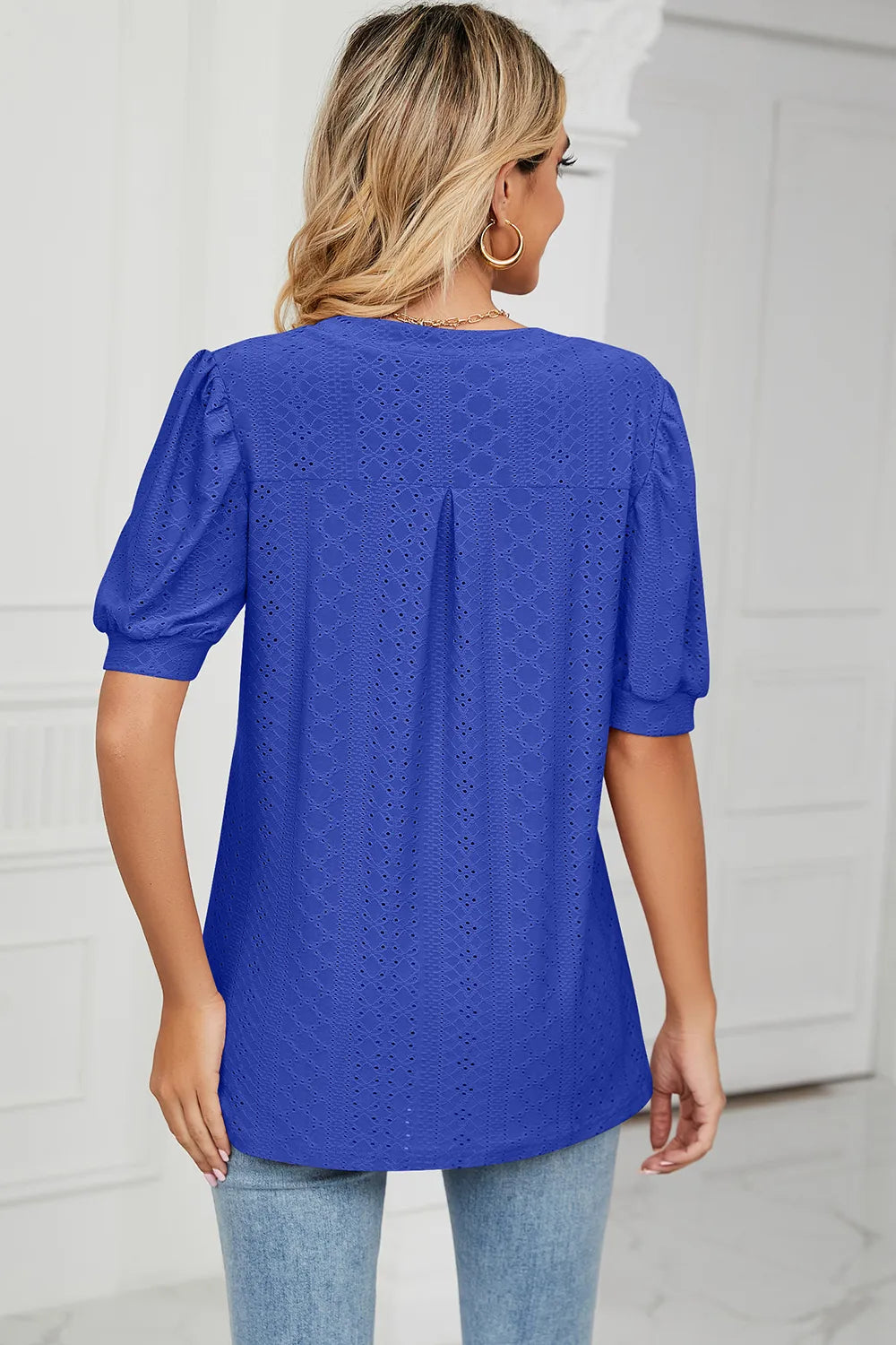 Casual V-neck solid color hollow bubble sleeve loose T-shirt top for women - Korvel