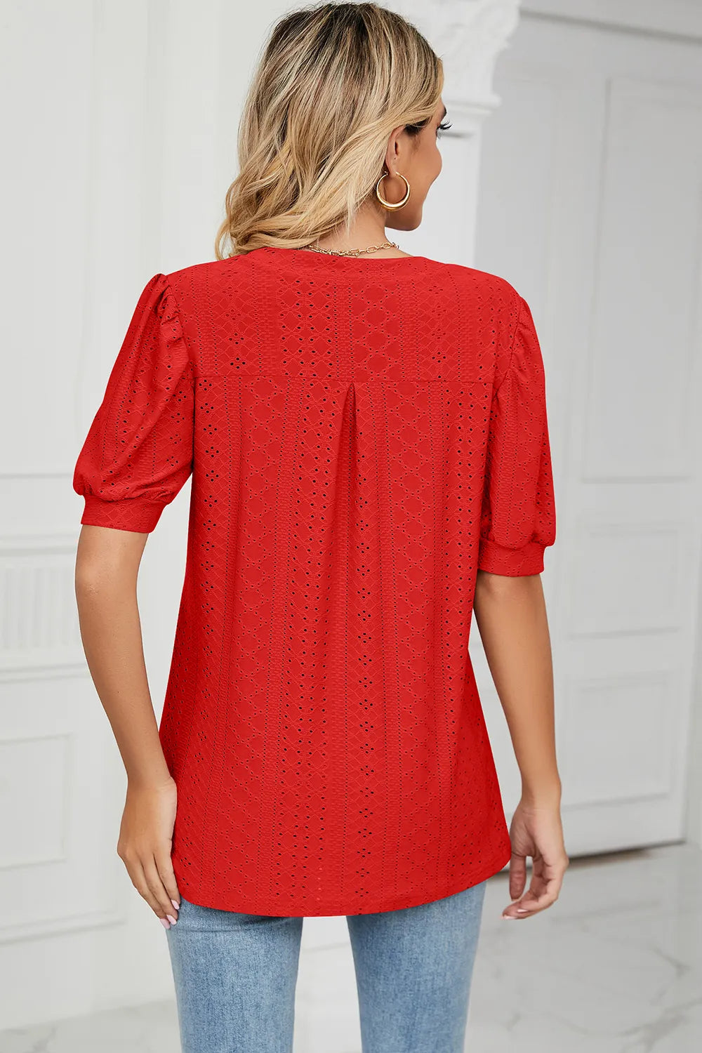 Casual V-neck solid color hollow bubble sleeve loose T-shirt top for women - Korvel
