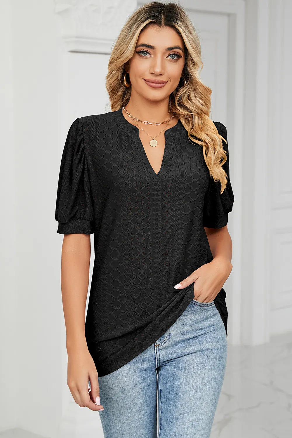Casual V-neck solid color hollow bubble sleeve loose T-shirt top for women - Korvel