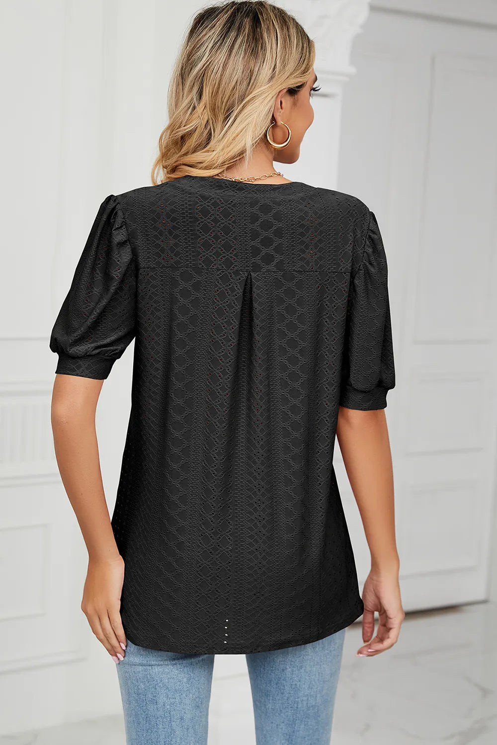Casual V-neck solid color hollow bubble sleeve loose T-shirt top for women - Korvel