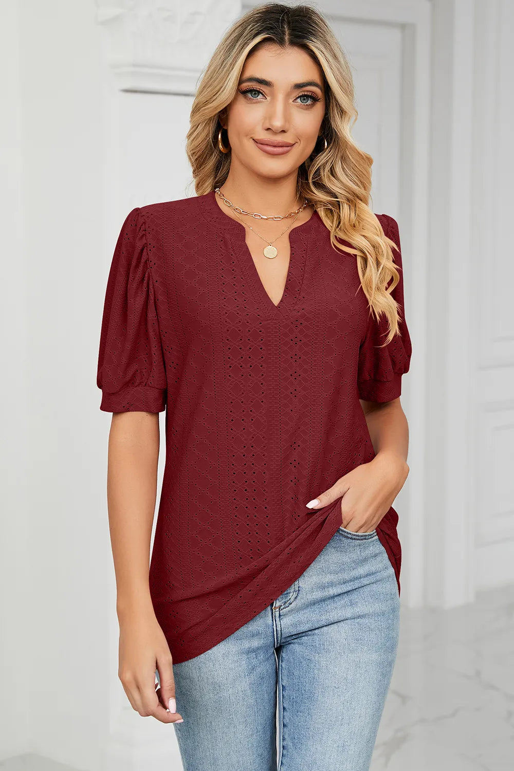 Casual V-neck solid color hollow bubble sleeve loose T-shirt top for women - Korvel