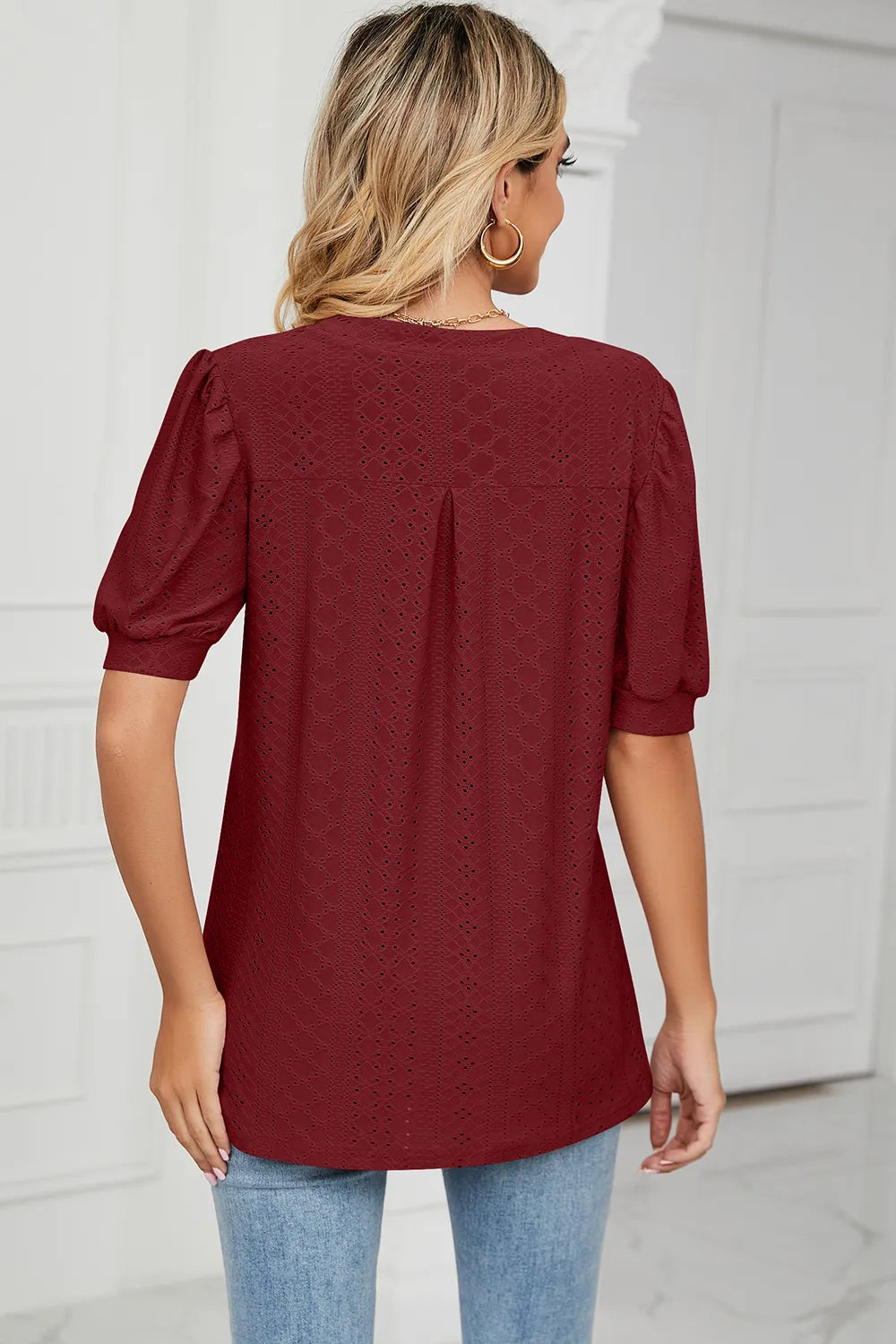 Casual V-neck solid color hollow bubble sleeve loose T-shirt top for women - Korvel