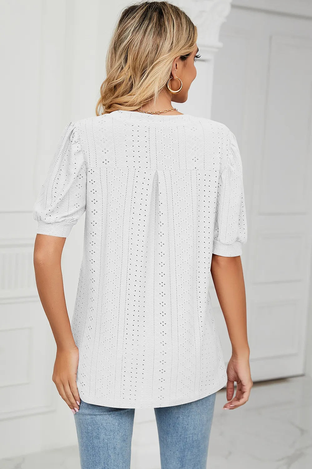 Casual V-neck solid color hollow bubble sleeve loose T-shirt top for women - Korvel