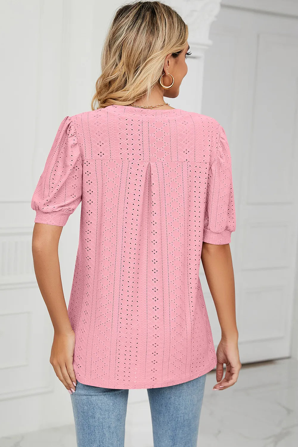 Casual V-neck solid color hollow bubble sleeve loose T-shirt top for women - Korvel