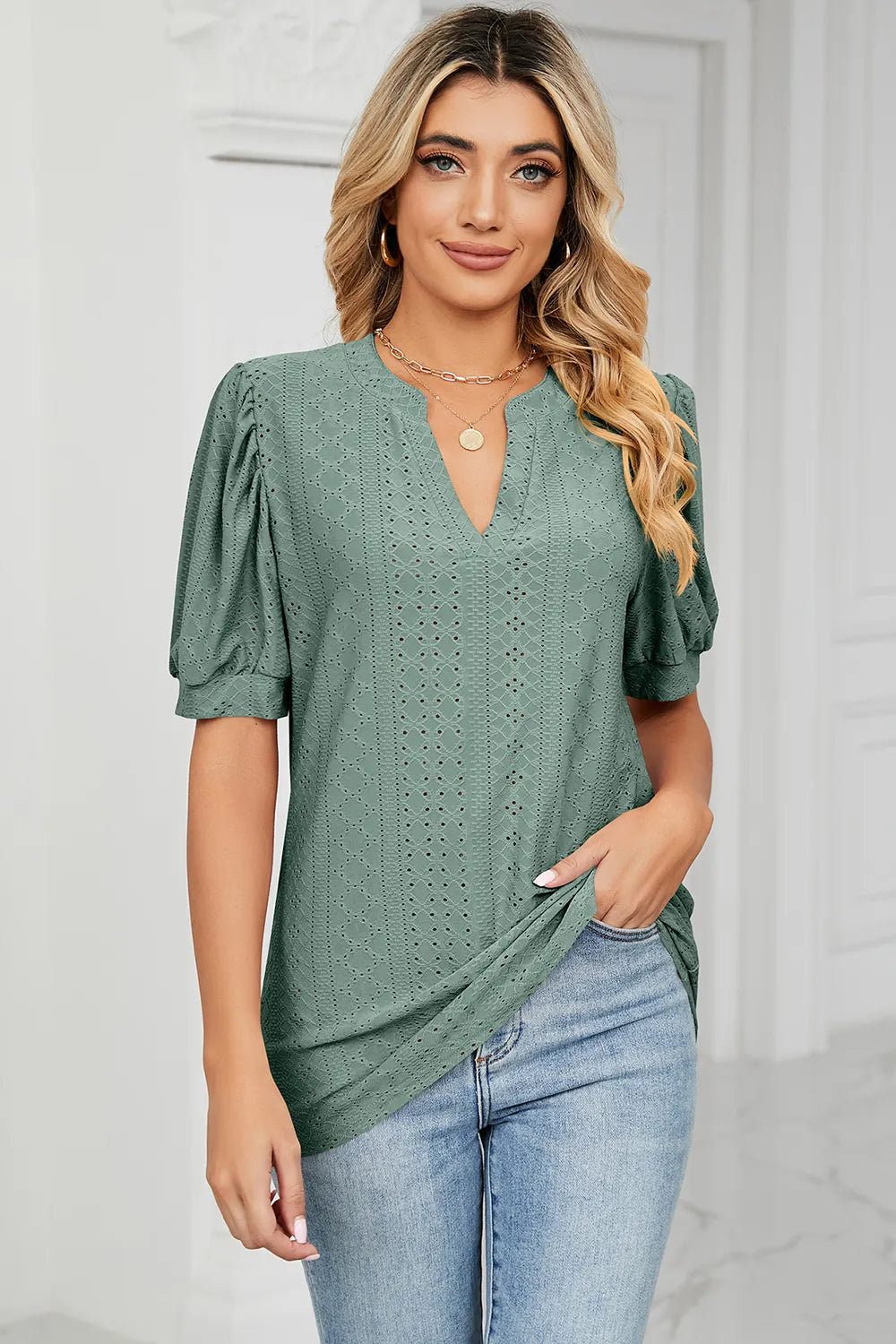 Casual V-neck solid color hollow bubble sleeve loose T-shirt top for women - Korvel