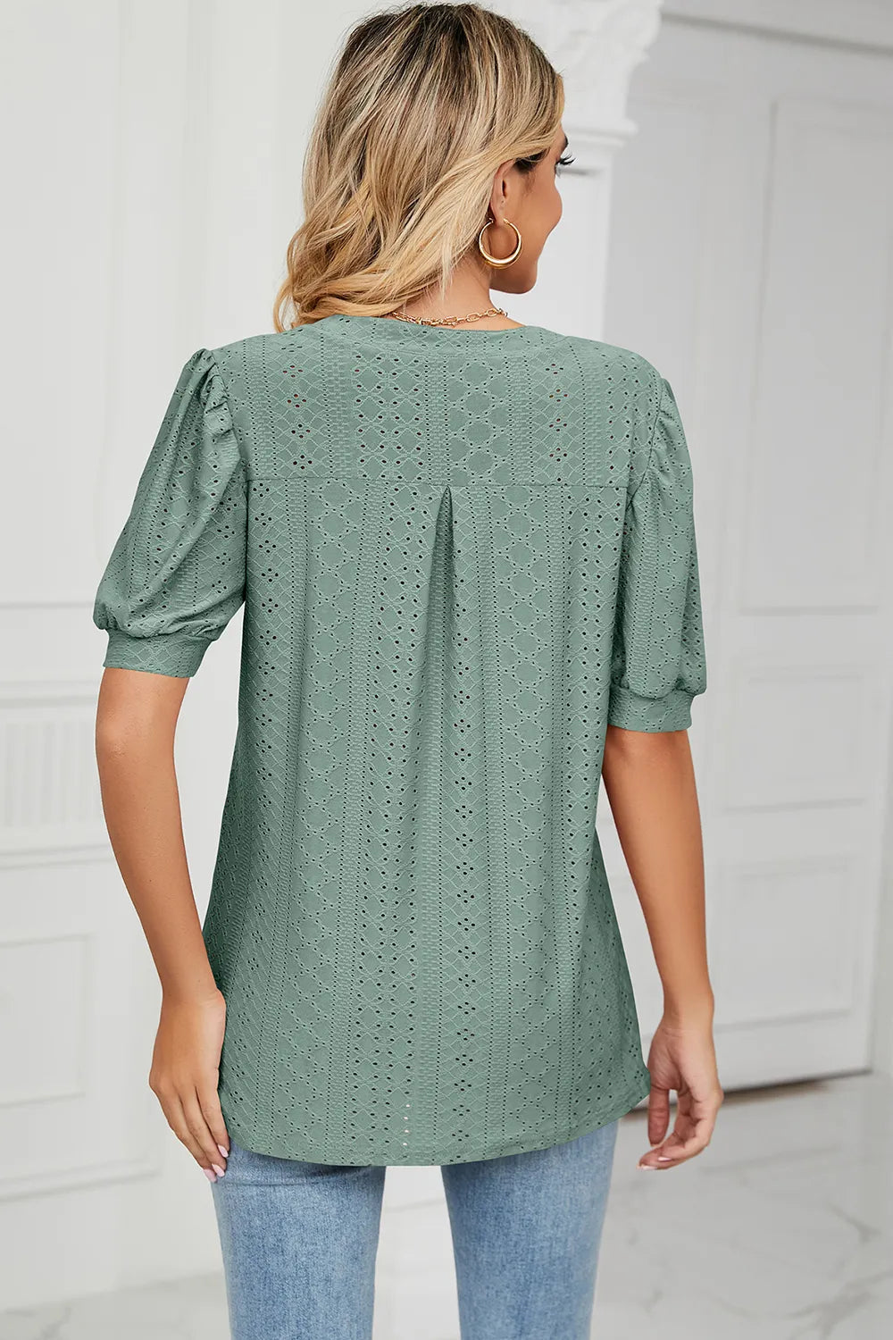 Casual V-neck solid color hollow bubble sleeve loose T-shirt top for women - Korvel