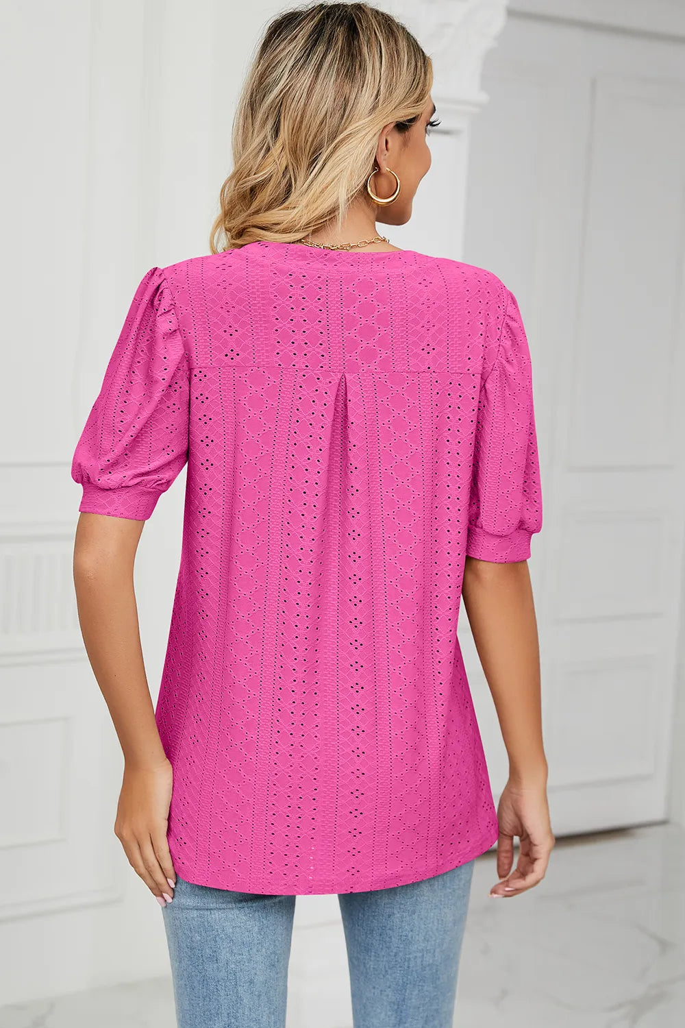 Casual V-neck solid color hollow bubble sleeve loose T-shirt top for women - Korvel