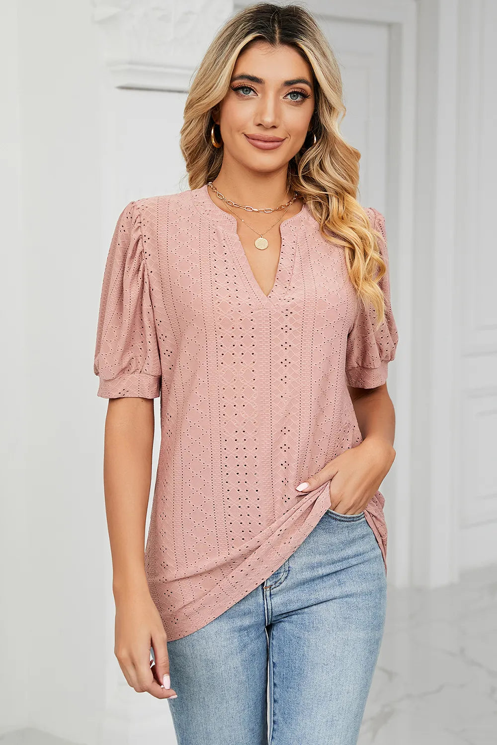Casual V-neck solid color hollow bubble sleeve loose T-shirt top for women - Korvel