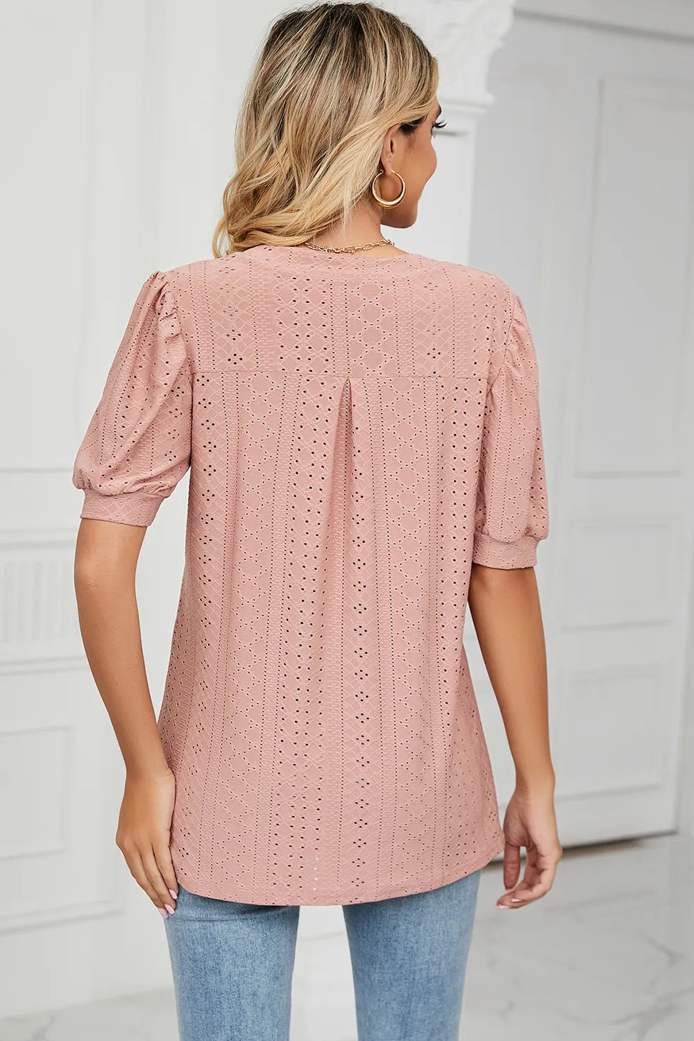 Casual V-neck solid color hollow bubble sleeve loose T-shirt top for women - Korvel