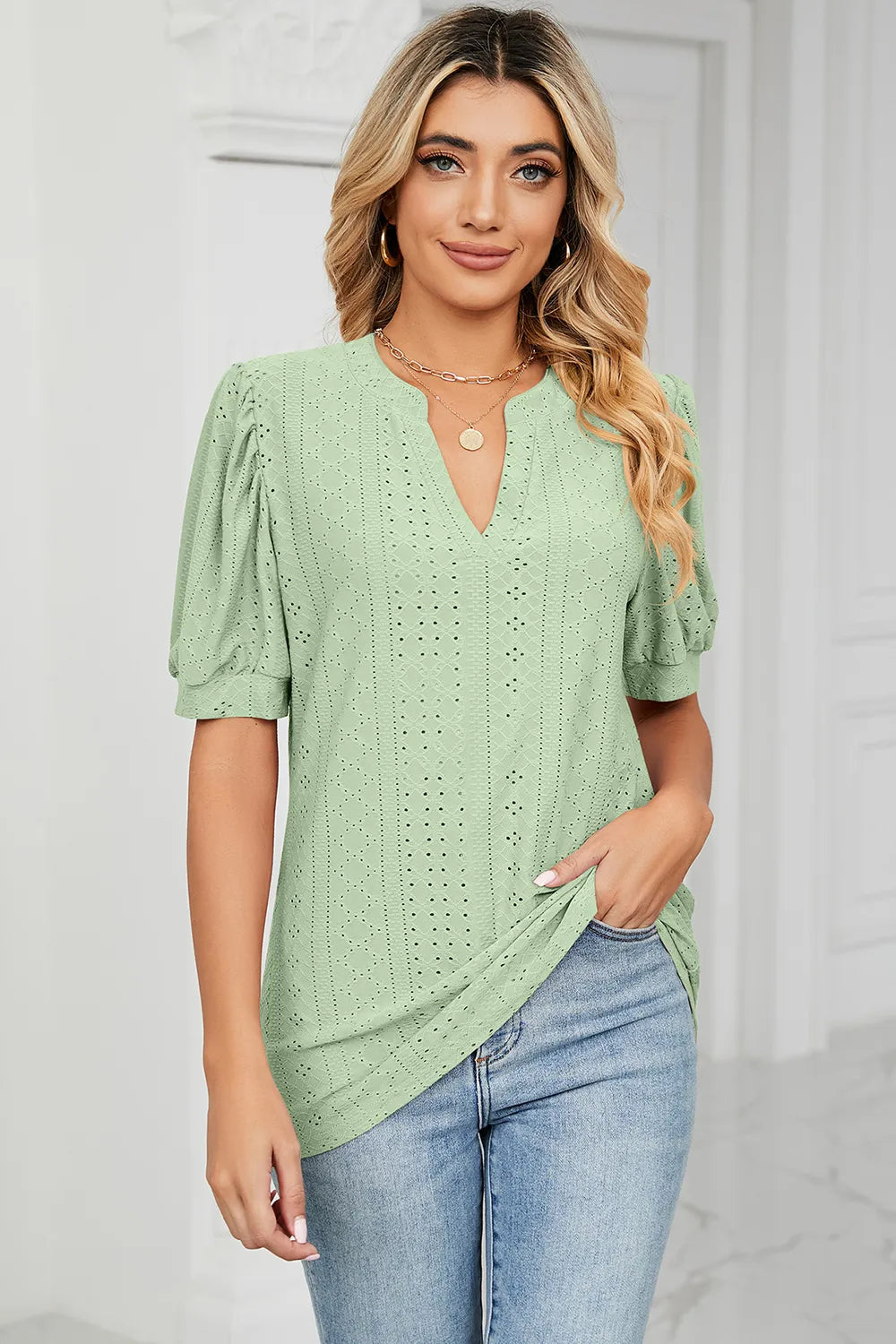 Casual V-neck solid color hollow bubble sleeve loose T-shirt top for women - Korvel