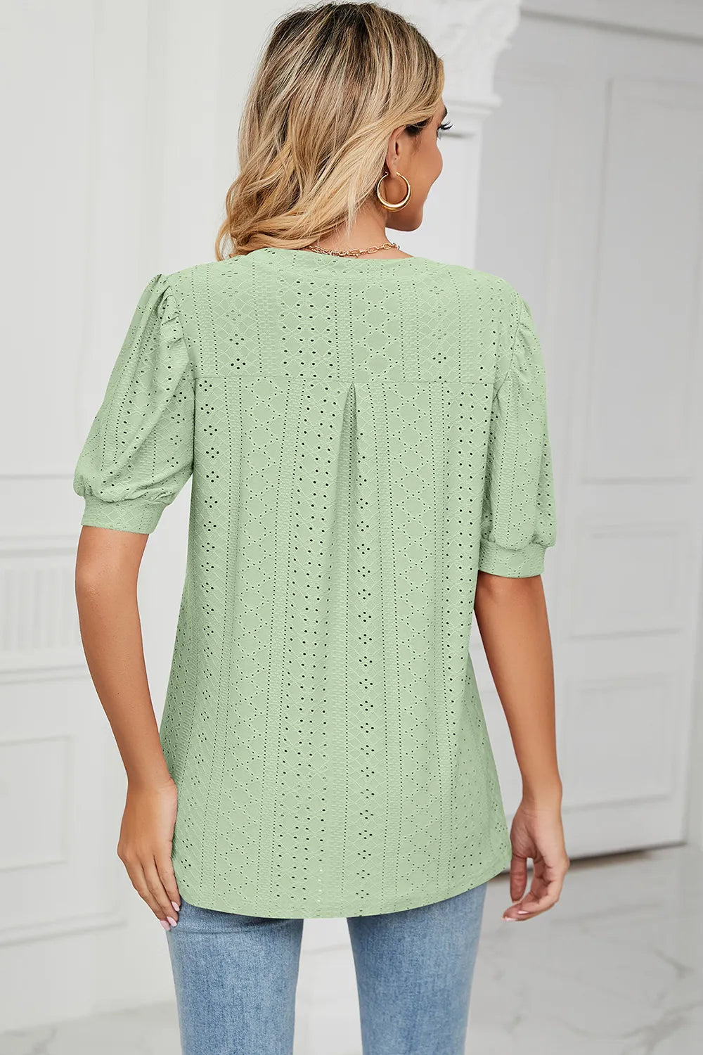 Casual V-neck solid color hollow bubble sleeve loose T-shirt top for women - Korvel