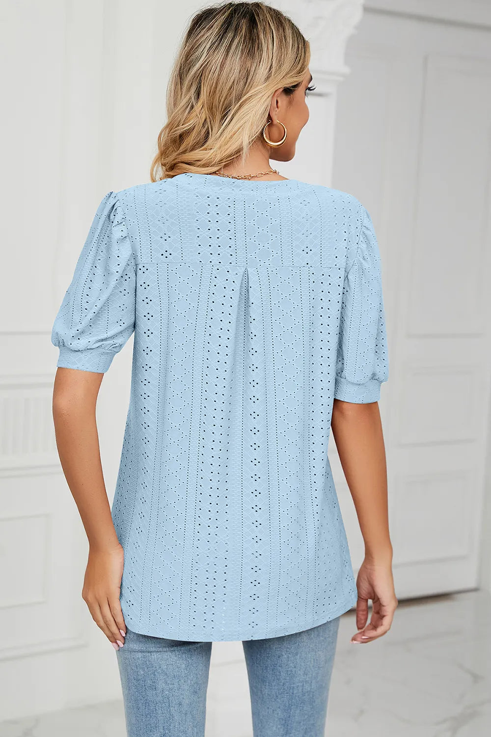 Casual V-neck solid color hollow bubble sleeve loose T-shirt top for women - Korvel