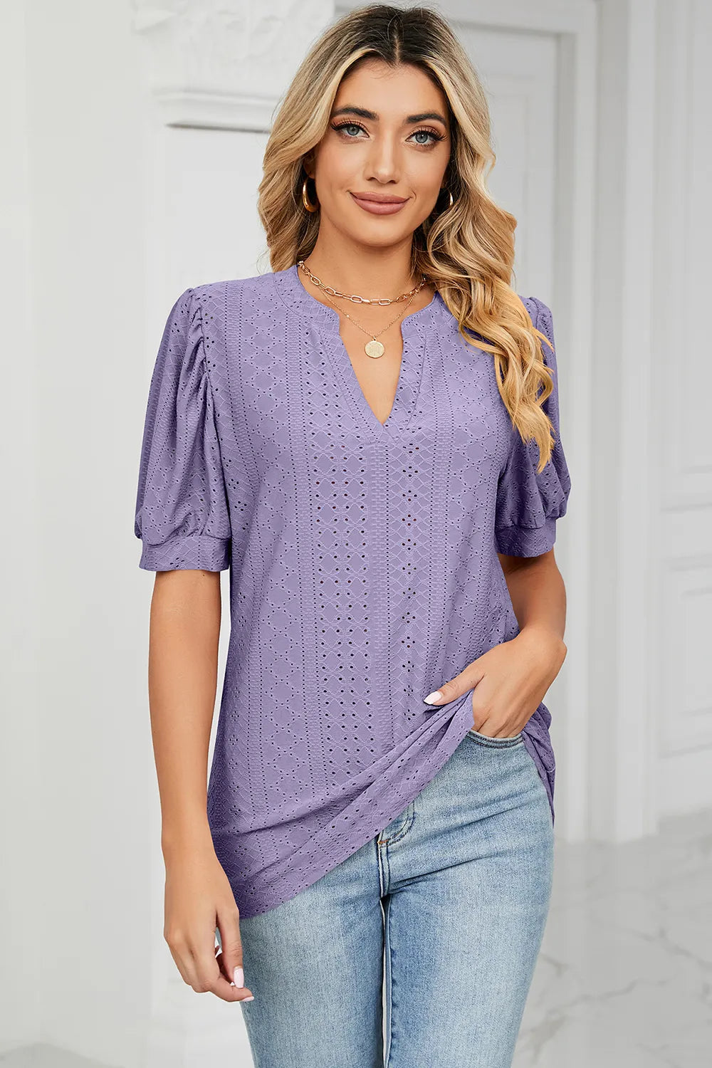 Casual V-neck solid color hollow bubble sleeve loose T-shirt top for women - Korvel