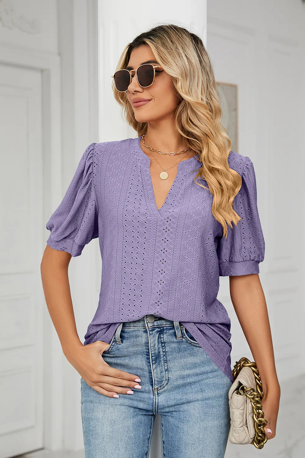 Casual V-neck solid color hollow bubble sleeve loose T-shirt top for women - Korvel