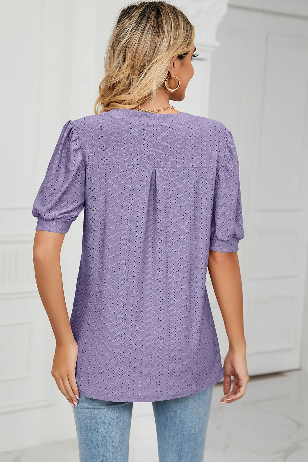 Casual V-neck solid color hollow bubble sleeve loose T-shirt top for women - Korvel