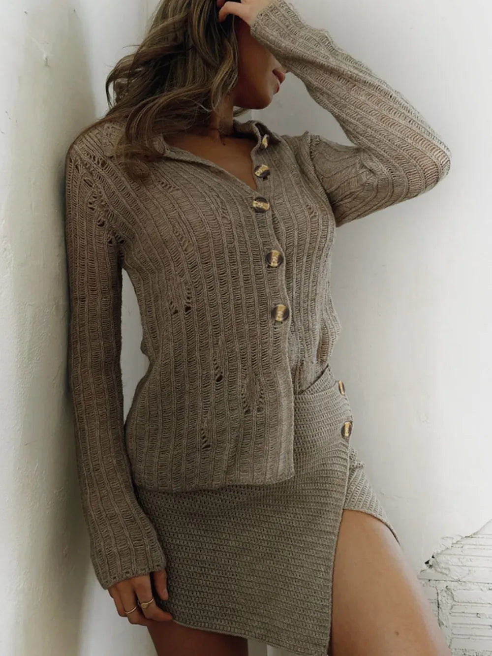 Casual versatile collar solid color sweater jacket cardigan - Korvel