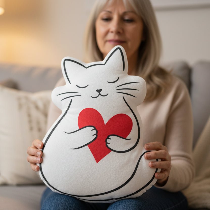 Cat Holding Heart Pillow - Soft Love with a Touch of Whimsy
