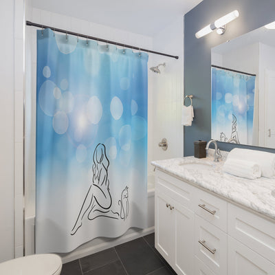 Elegant Blue & White Cat-Themed Shower Curtain - Korvel