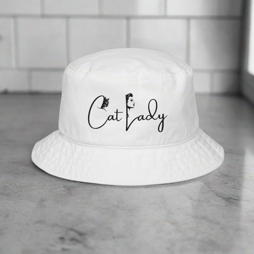 Sombrero de Cubo para Amantes de los Gatos - Sombrero de Sol Bordado Blanco