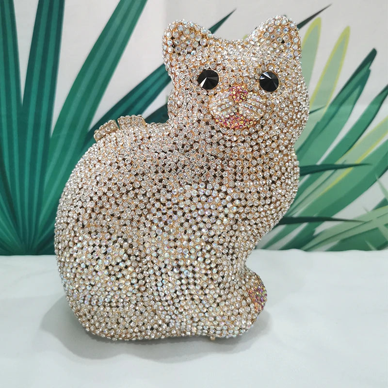 Cat Shape Women Crystal Clutches Bags Evening Purse White Rhinestone Gold Metal Clutch Party Mini Minaudiere Prom Chain Handbags - Korvel