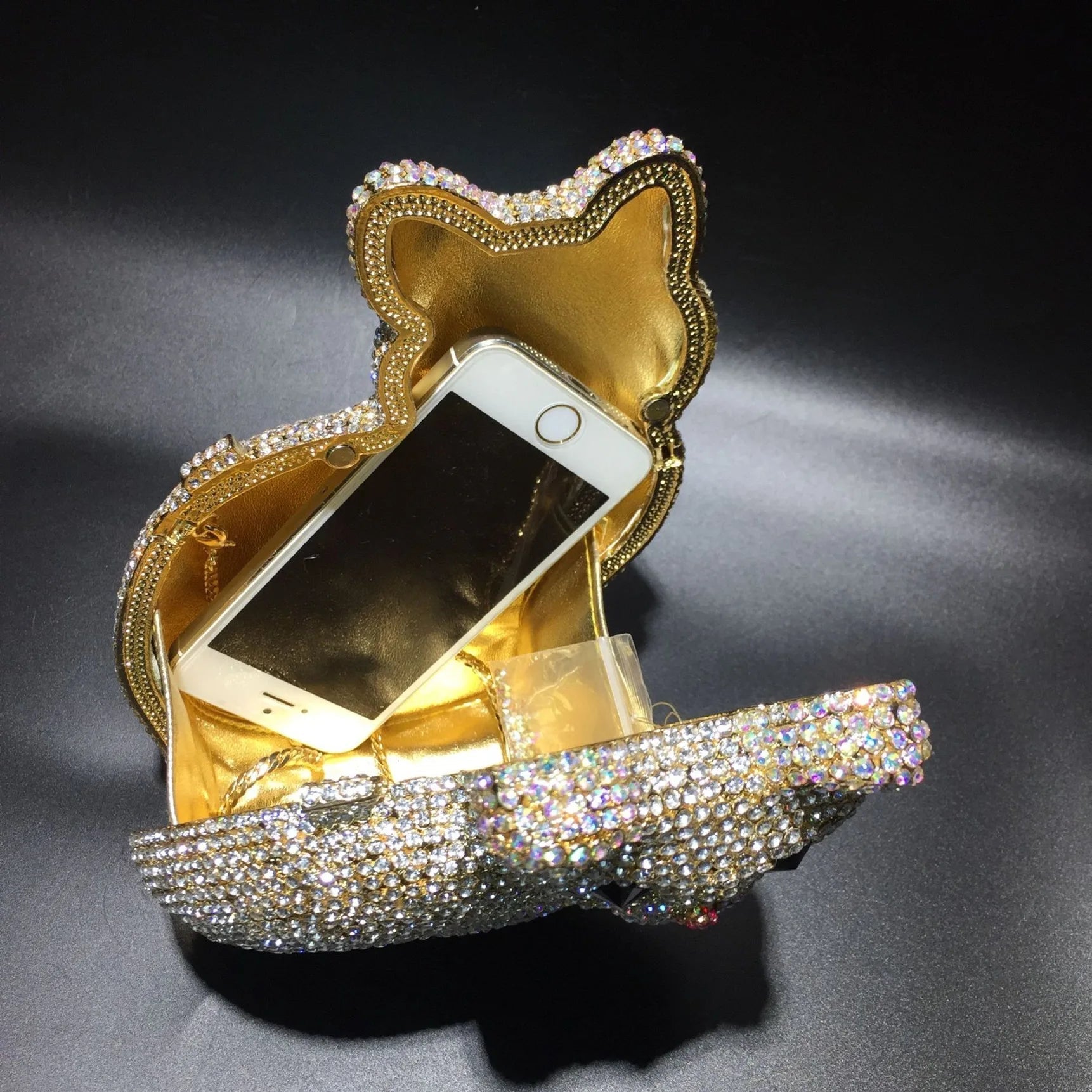 Cat Shape Women Crystal Clutches Bags Evening Purse White Rhinestone Gold Metal Clutch Party Mini Minaudiere Prom Chain Handbags - Korvel