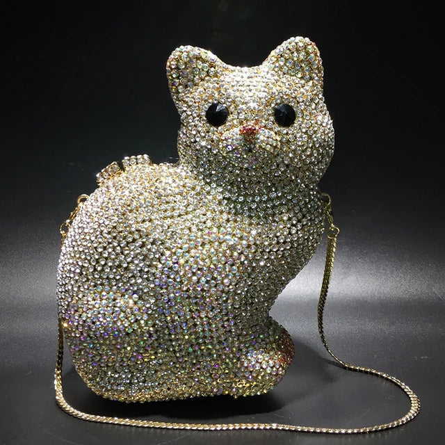 Cat Shape Women Crystal Clutches Bags Evening Purse White Rhinestone Gold Metal Clutch Party Mini Minaudiere Prom Chain Handbags - Korvel