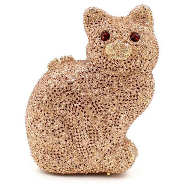 Cat Shape Women Crystal Clutches Bags Evening Purse White Rhinestone Gold Metal Clutch Party Mini Minaudiere Prom Chain Handbags - Korvel