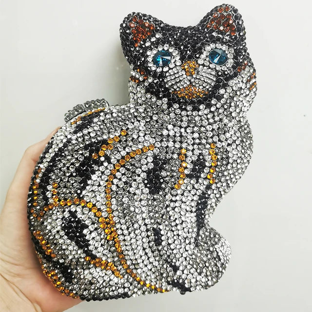 Cat Shape Women Crystal Clutches Bags Evening Purse White Rhinestone Gold Metal Clutch Party Mini Minaudiere Prom Chain Handbags - Korvel