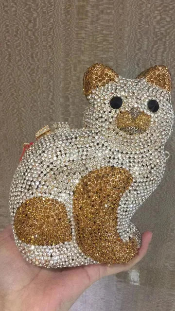 Cat Shape Women Crystal Clutches Bags Evening Purse White Rhinestone Gold Metal Clutch Party Mini Minaudiere Prom Chain Handbags - Korvel