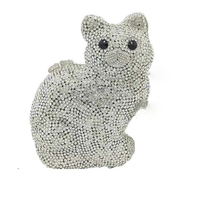 Cat Shape Women Crystal Clutches Bags Evening Purse White Rhinestone Gold Metal Clutch Party Mini Minaudiere Prom Chain Handbags - Korvel