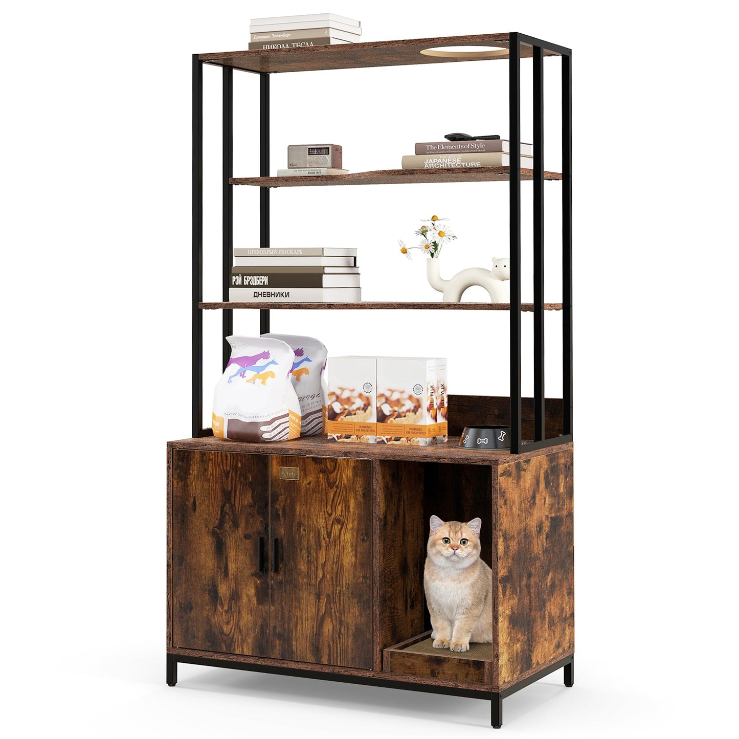 Caja de arena para gatos rústica marrón con almacenamiento y estantes