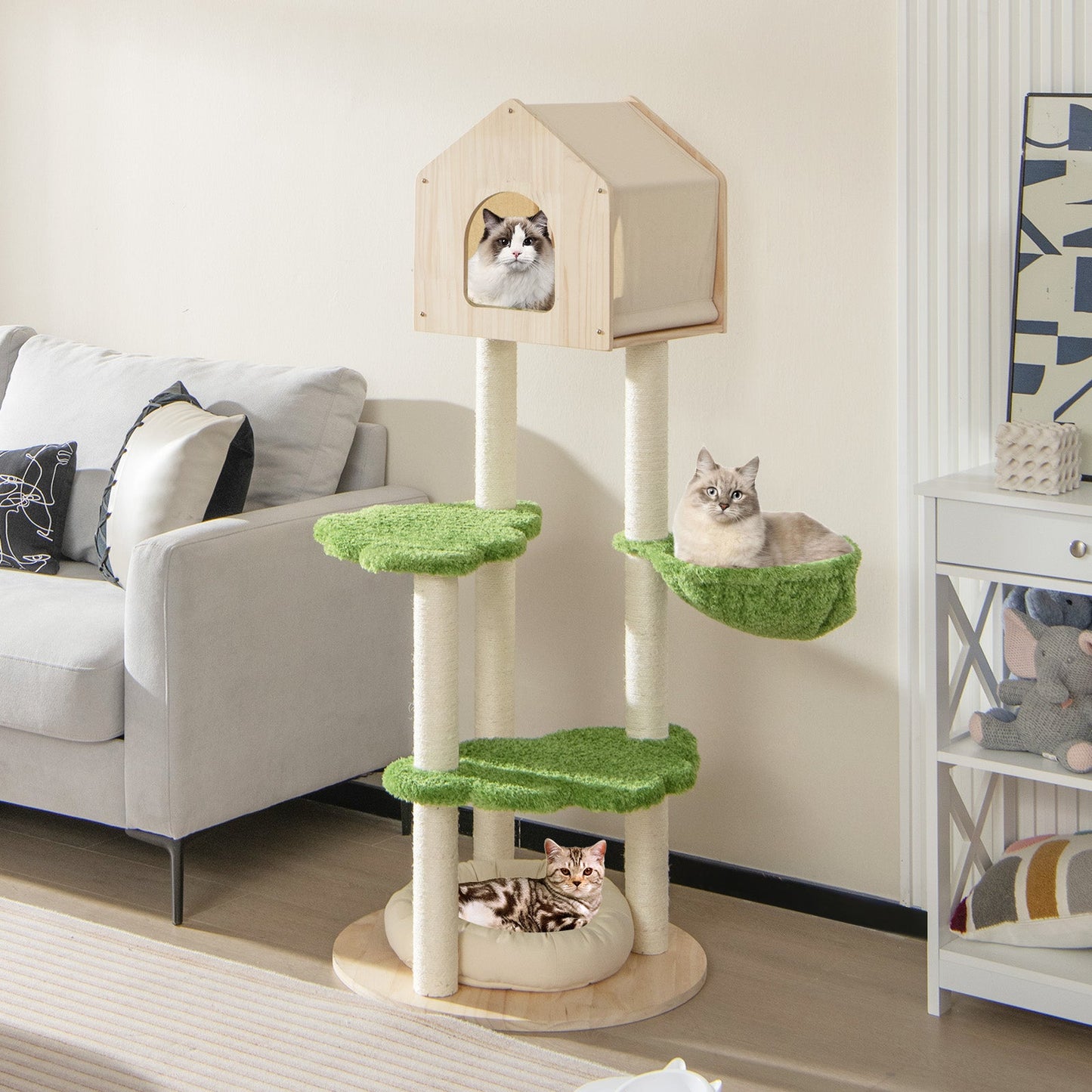 Torre de Escalada para Gatos de 55 Pulgadas con Cama Suave y Postes para Rascar - Verde
