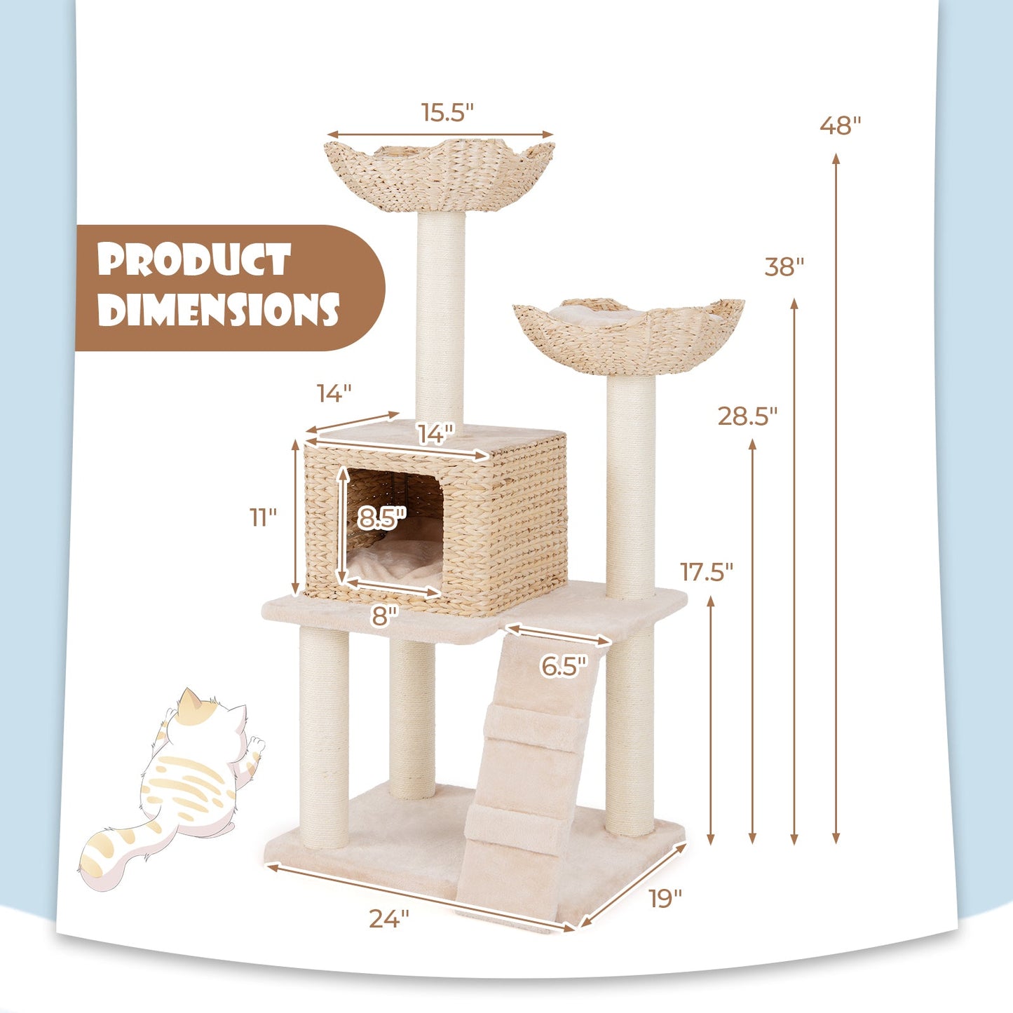 Tour de chat en cattail de 48 pouces avec poteaux à gratter et condo - Beige