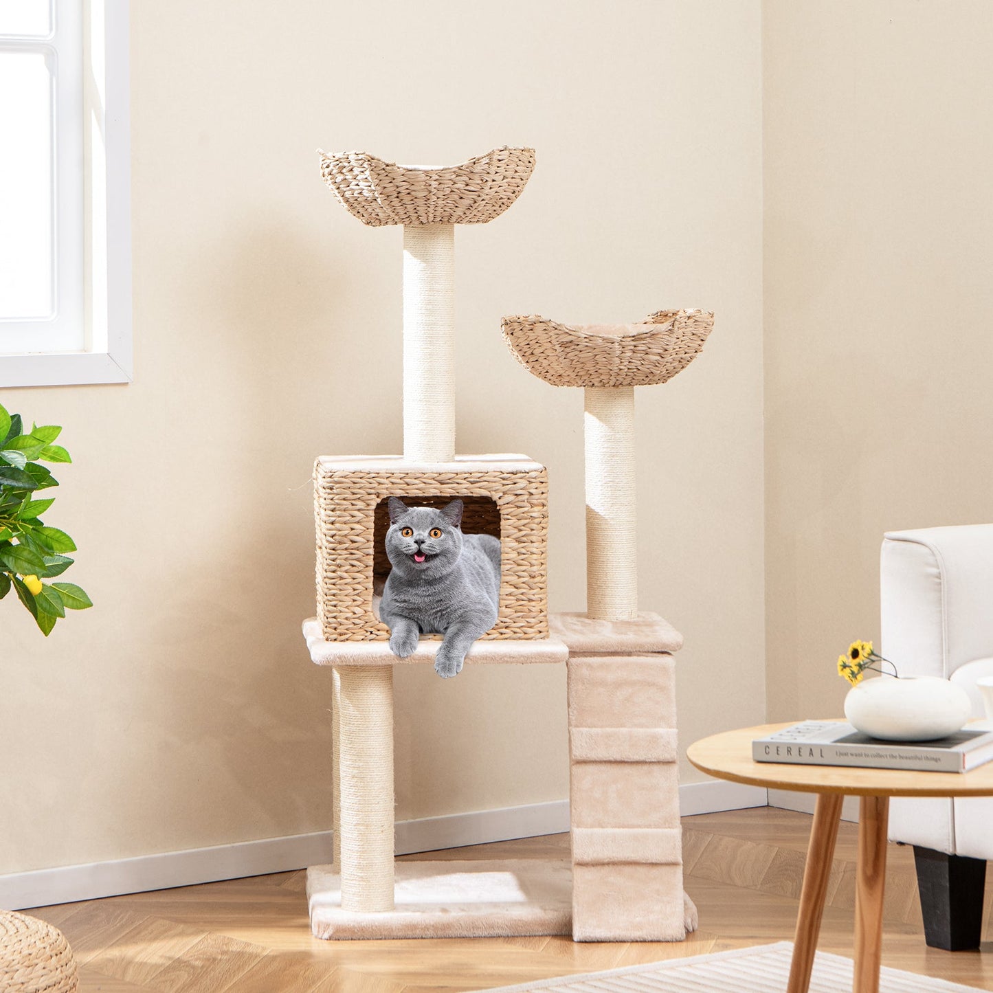 Tour de chat en cattail de 48 pouces avec poteaux à gratter et condo - Beige