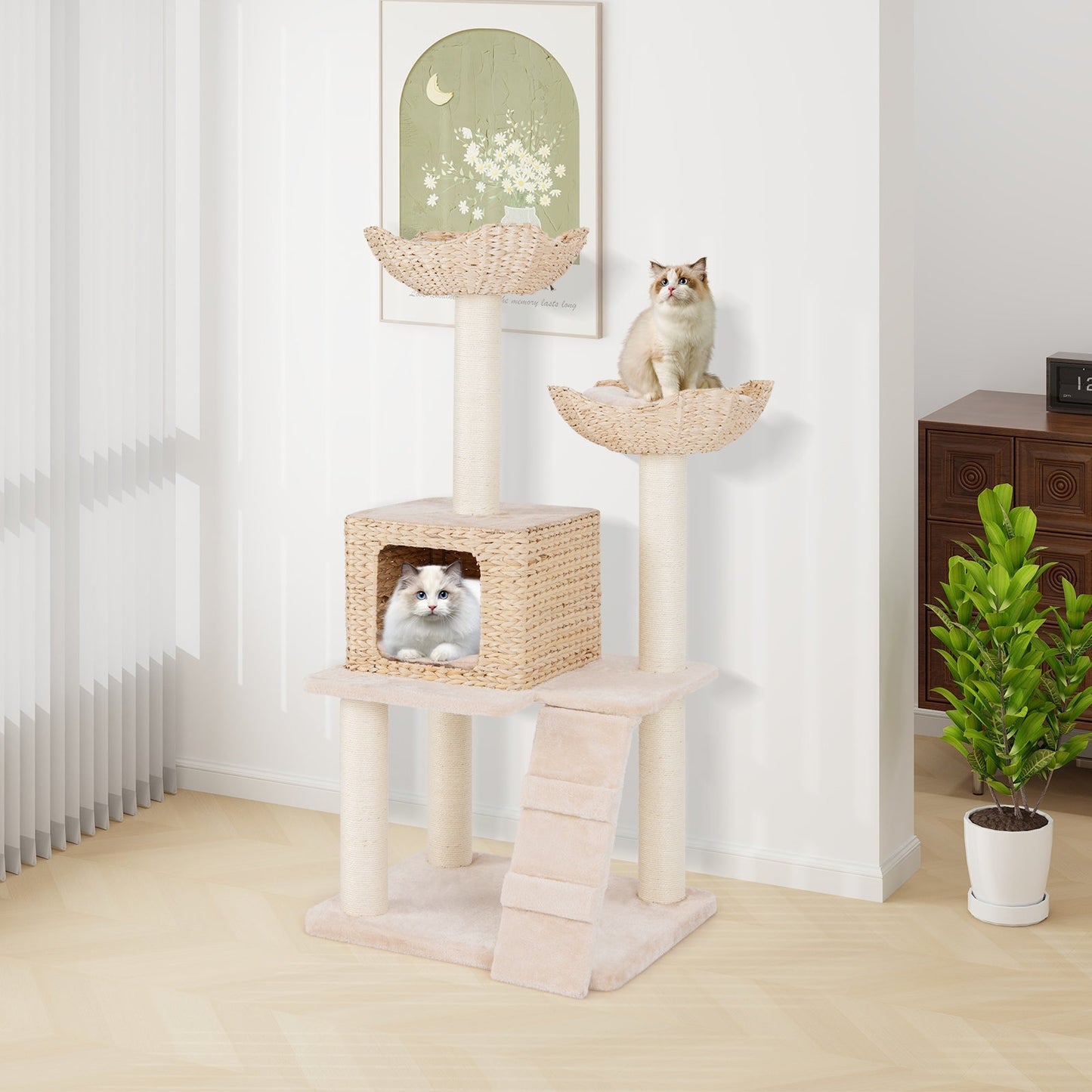 Tour de chat en cattail de 48 pouces avec poteaux à gratter et condo - Beige