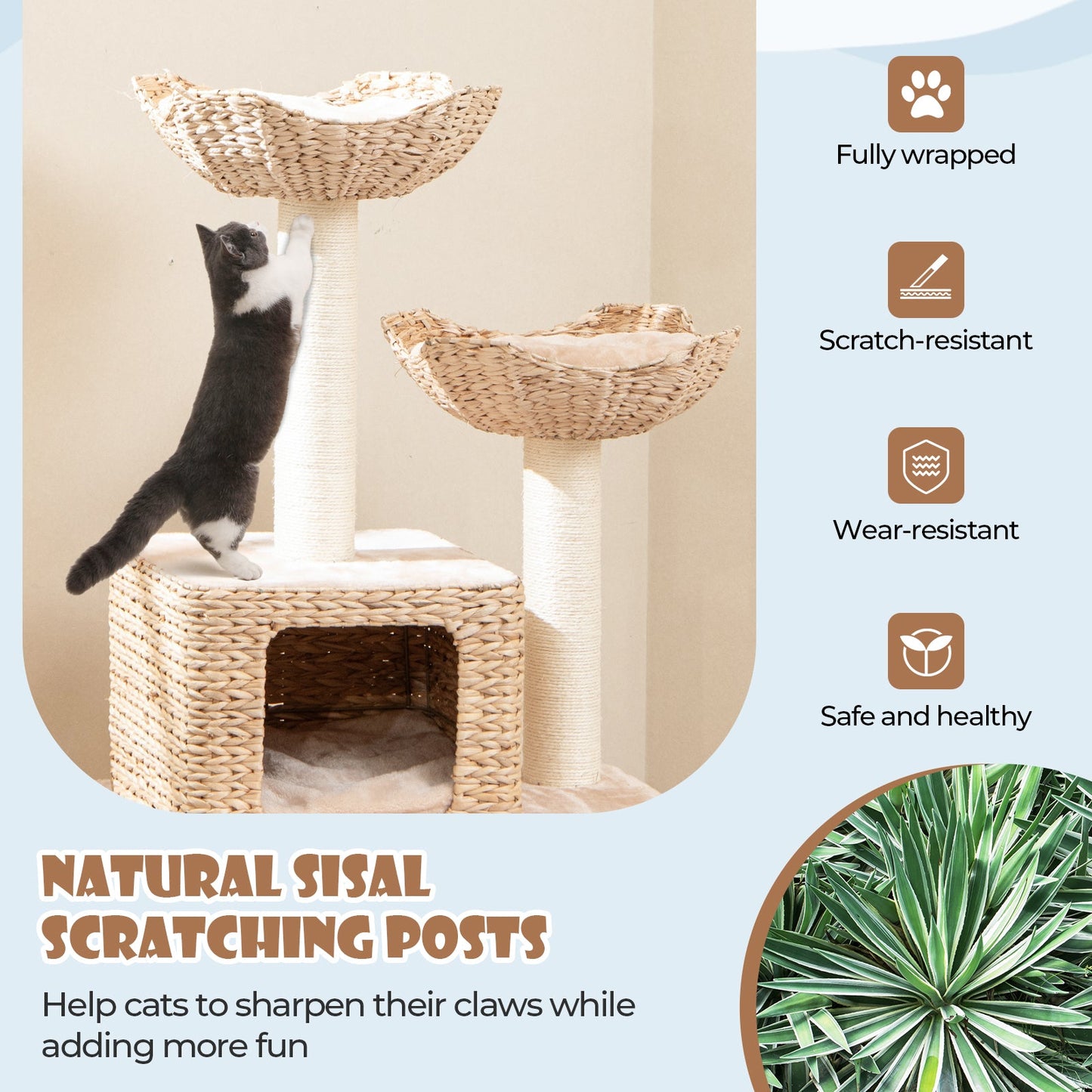Tour de chat en cattail de 48 pouces avec poteaux à gratter et condo - Beige