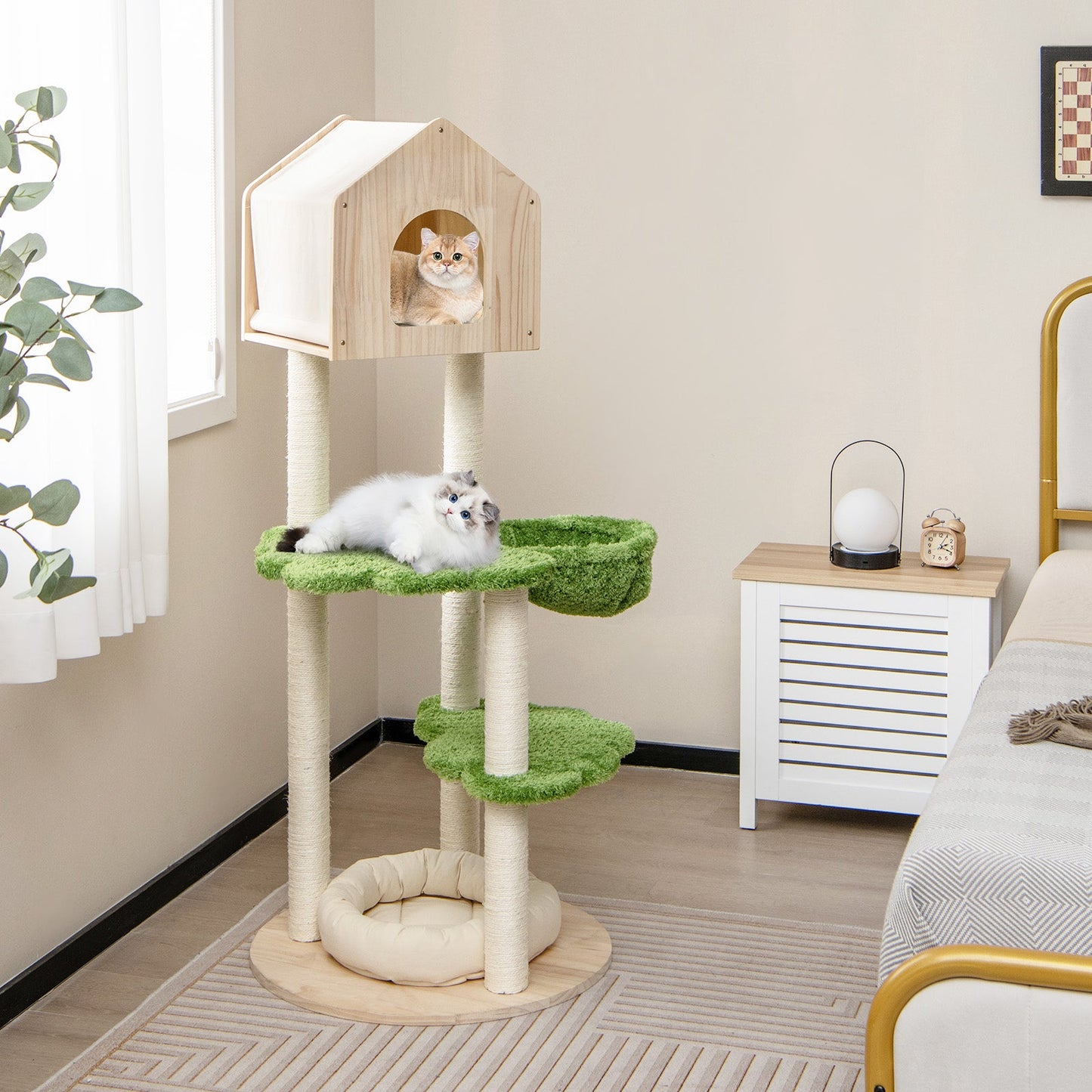 Torre de Escalada para Gatos de 55 Pulgadas con Cama Suave y Postes para Rascar - Verde
