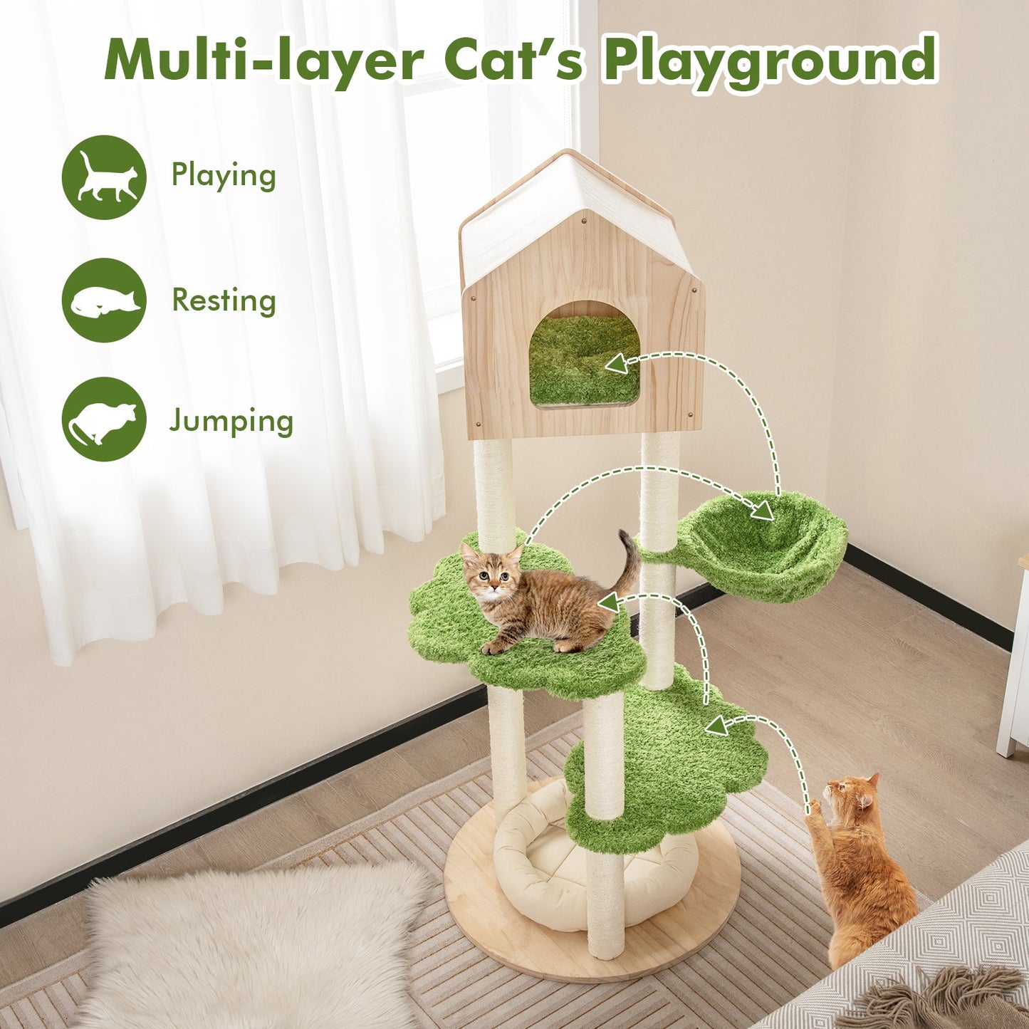 Torre de Escalada para Gatos de 55 Pulgadas con Cama Suave y Postes para Rascar - Verde