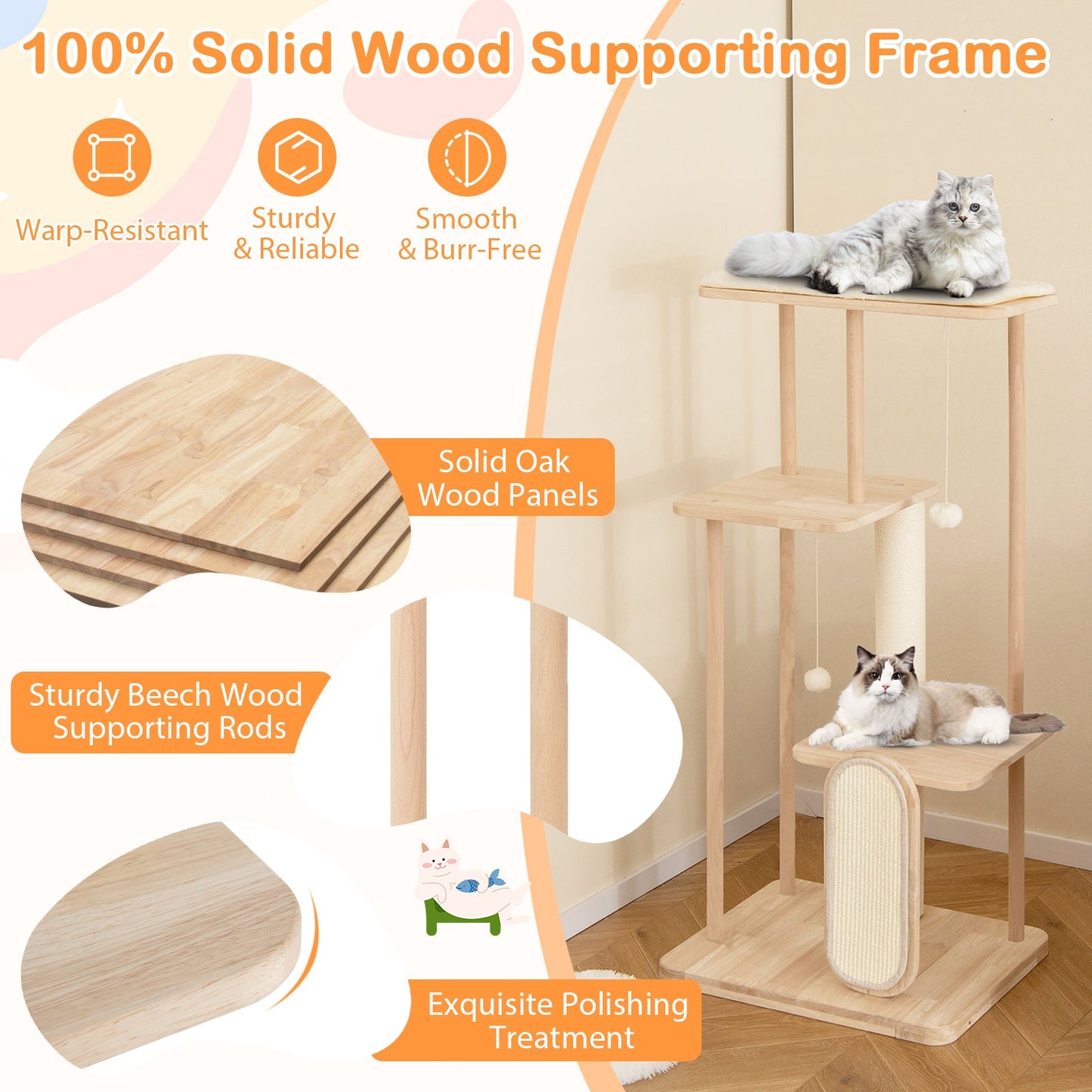 Torre para Gatos Moderna de Madera Multinivel con Tabla de Rasguño - 50 pulgadas