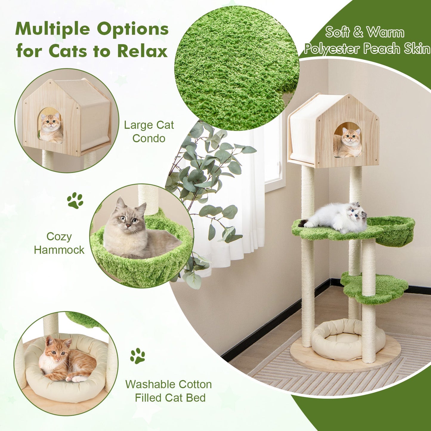 Torre de Escalada para Gatos de 55 Pulgadas con Cama Suave y Postes para Rascar - Verde