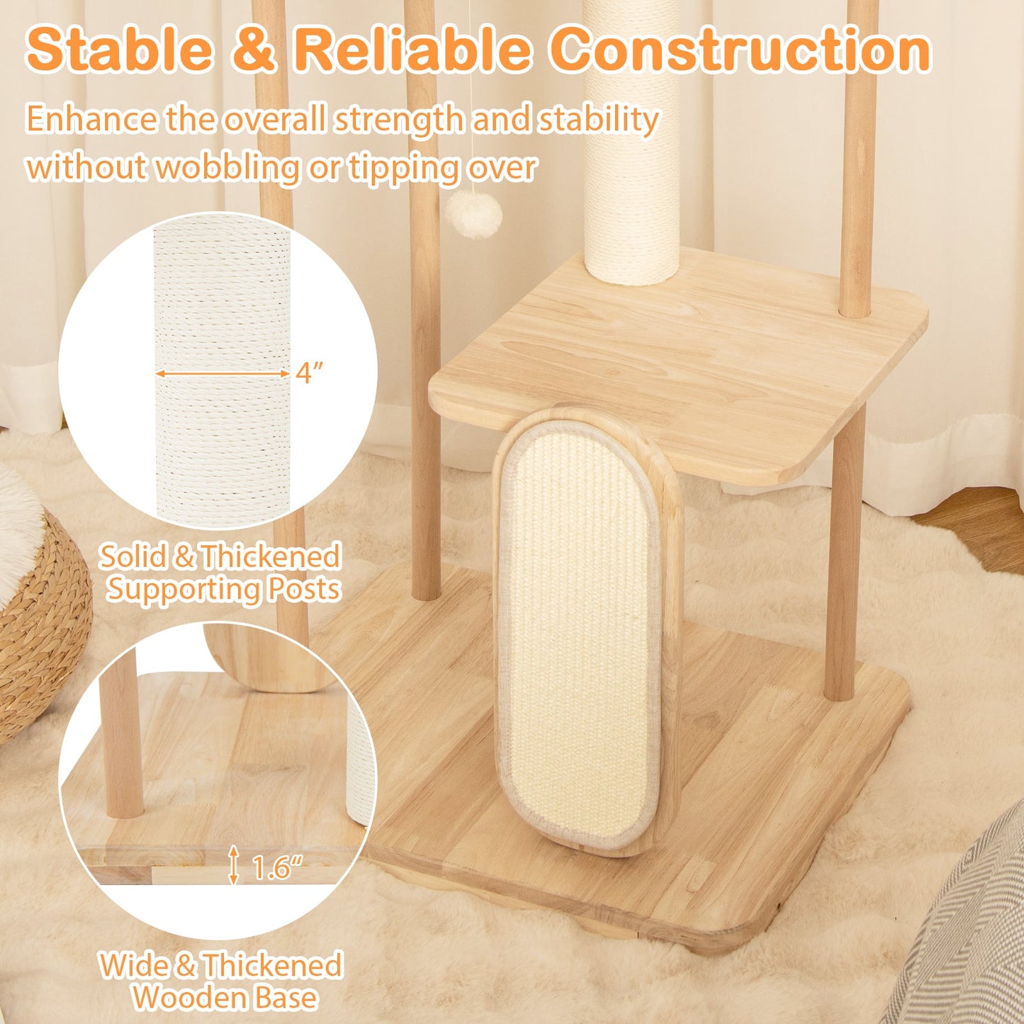 Torre para Gatos Moderna de Madera Multinivel con Tabla de Rasguño - 50 pulgadas