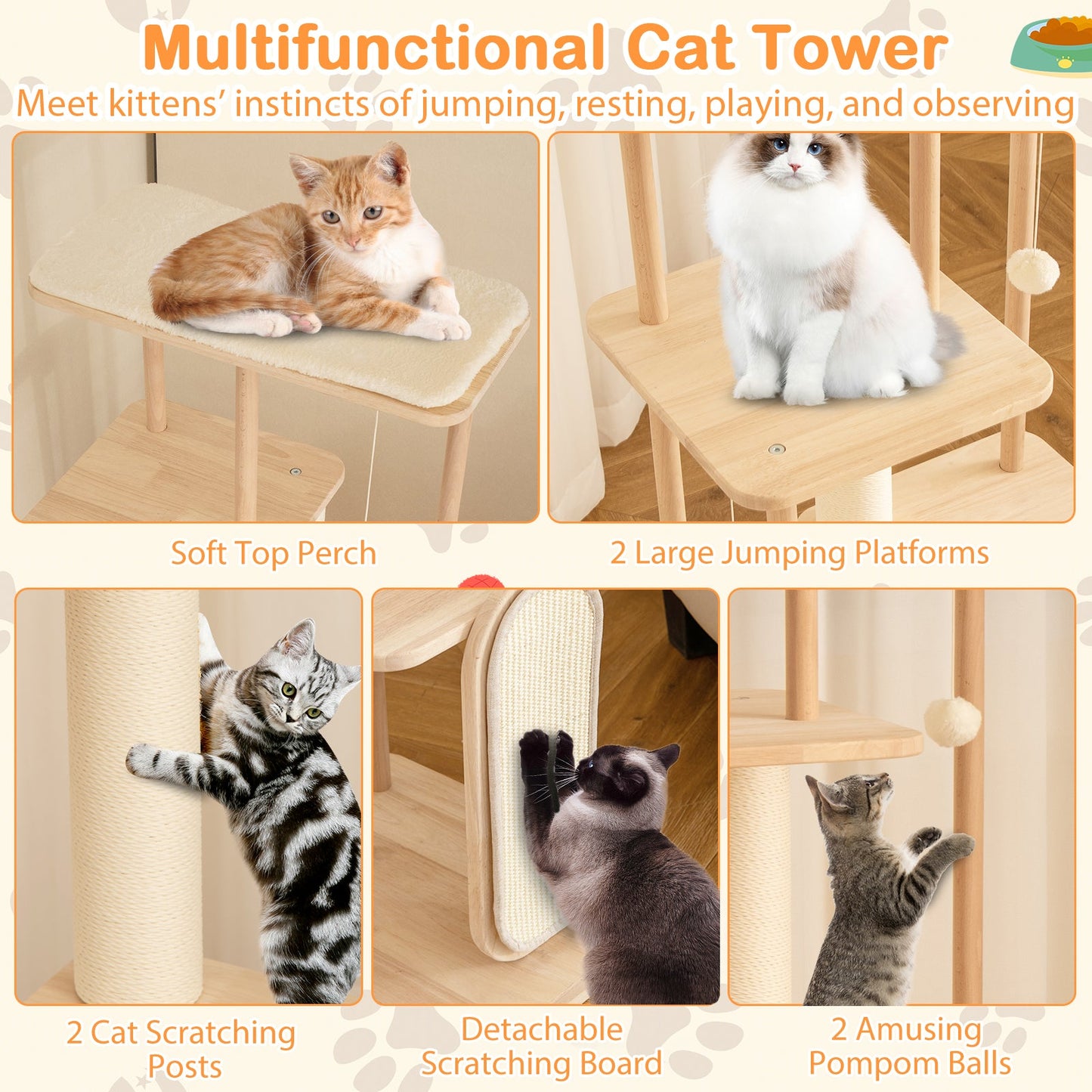 Torre para Gatos Moderna de Madera Multinivel con Tabla de Rasguño - 50 pulgadas