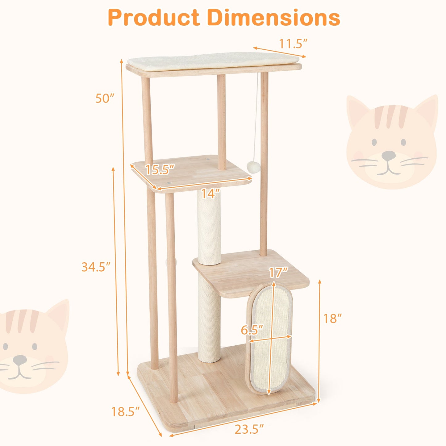 Torre para Gatos Moderna de Madera Multinivel con Tabla de Rasguño - 50 pulgadas